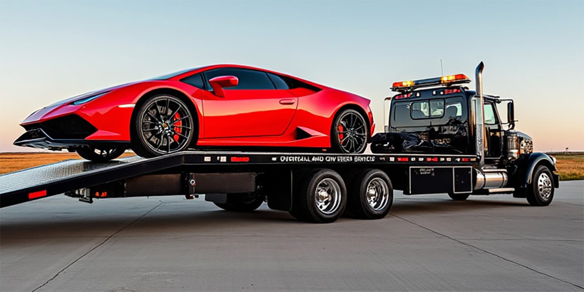 Tow truck hauling a red exotic car to its destination in Johnson County, KS