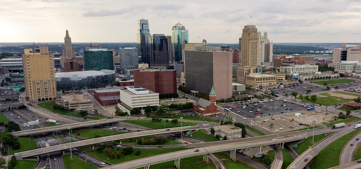 Aerial view of downtown Kansas City and surrounding highways with traffic