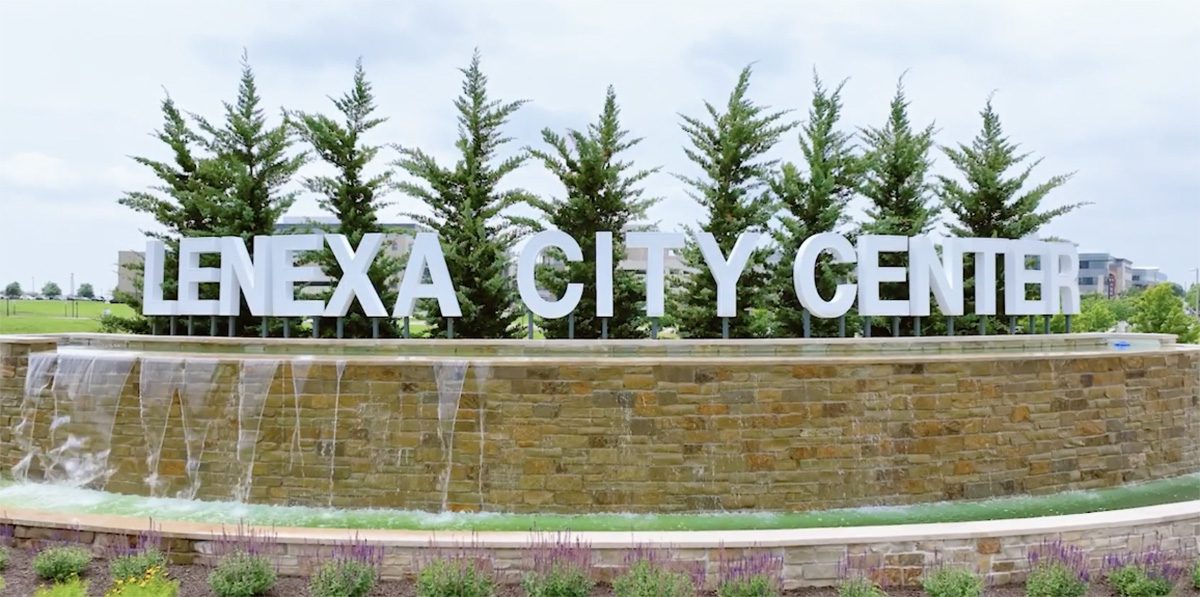 Lenexa City Center sign and fountain